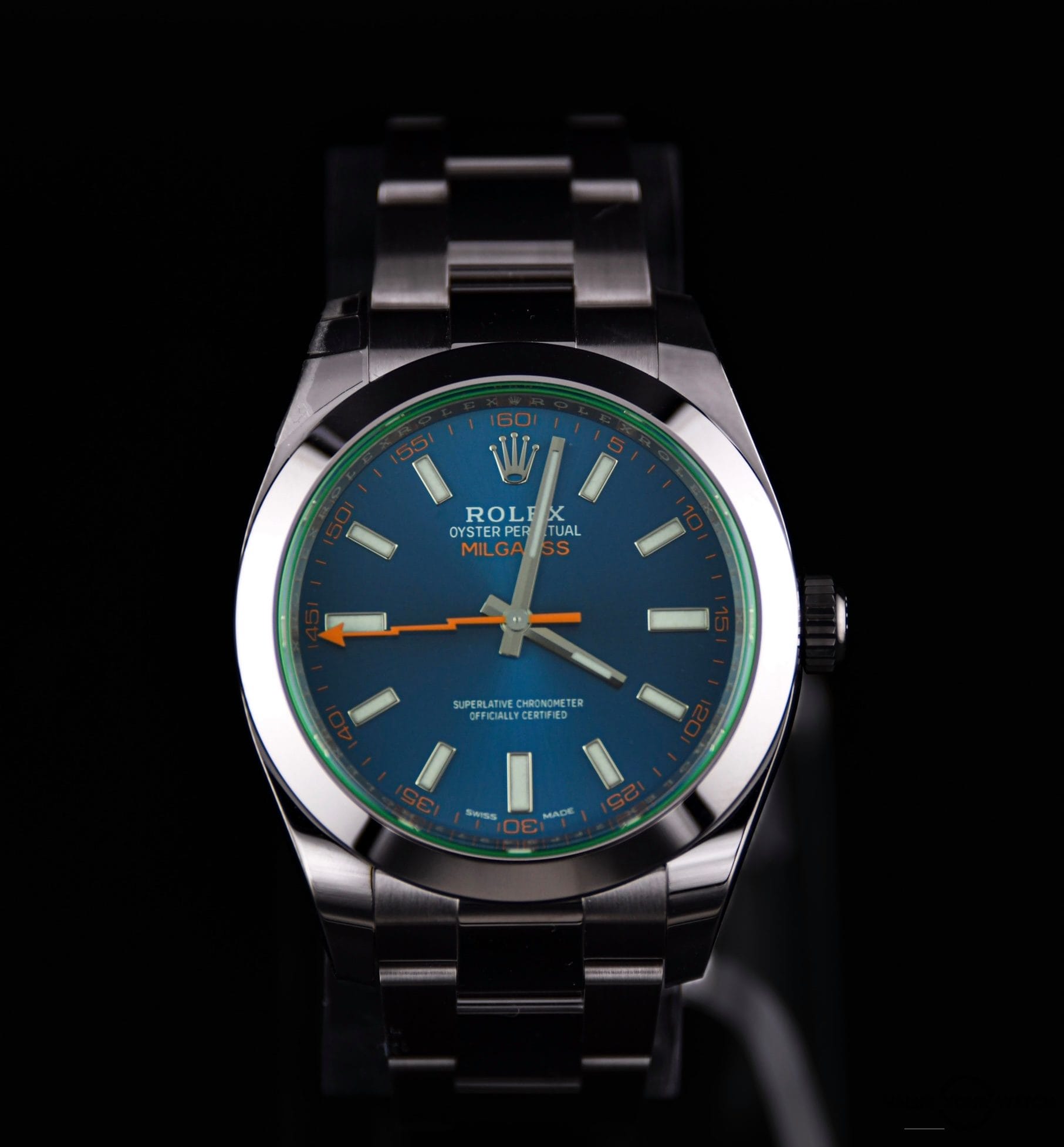 Rolex Milgauss blue dial with green crystal on a stainless steel oyster bracelet 116400GV w/ box & papers