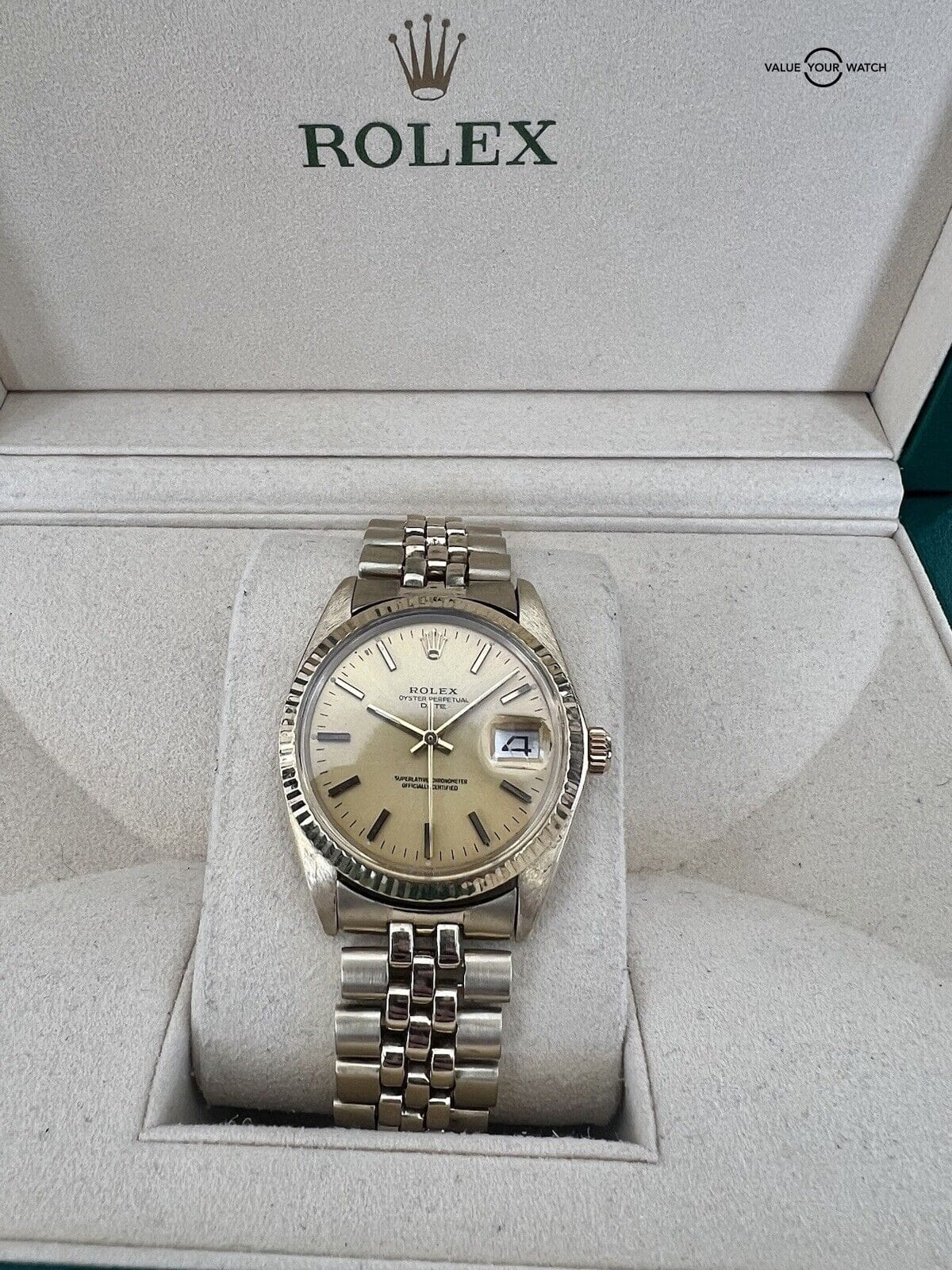 Rolex Oyster Perpetual Date 34mm 14K Gold Champagne Dial - Image 6
