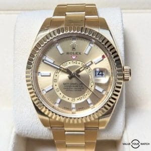 Rolex Sky Dweller 326938 Yellow Gold Champagne Stick Dial Box Papers 2021