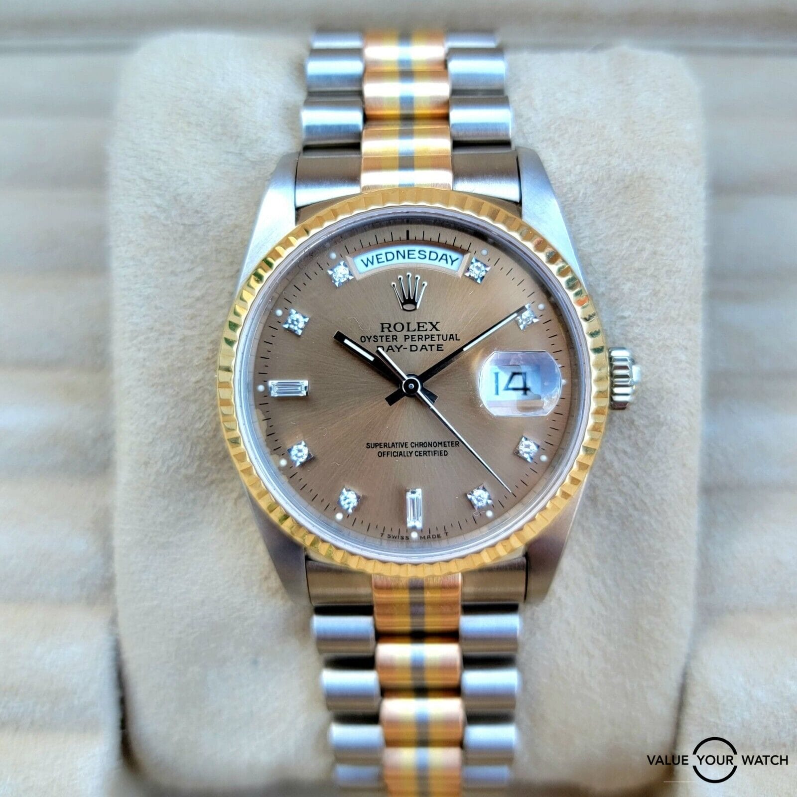 Rolex Day-Date President Tridor 18k White Gold, 3 gold types! Box Papers, 1991