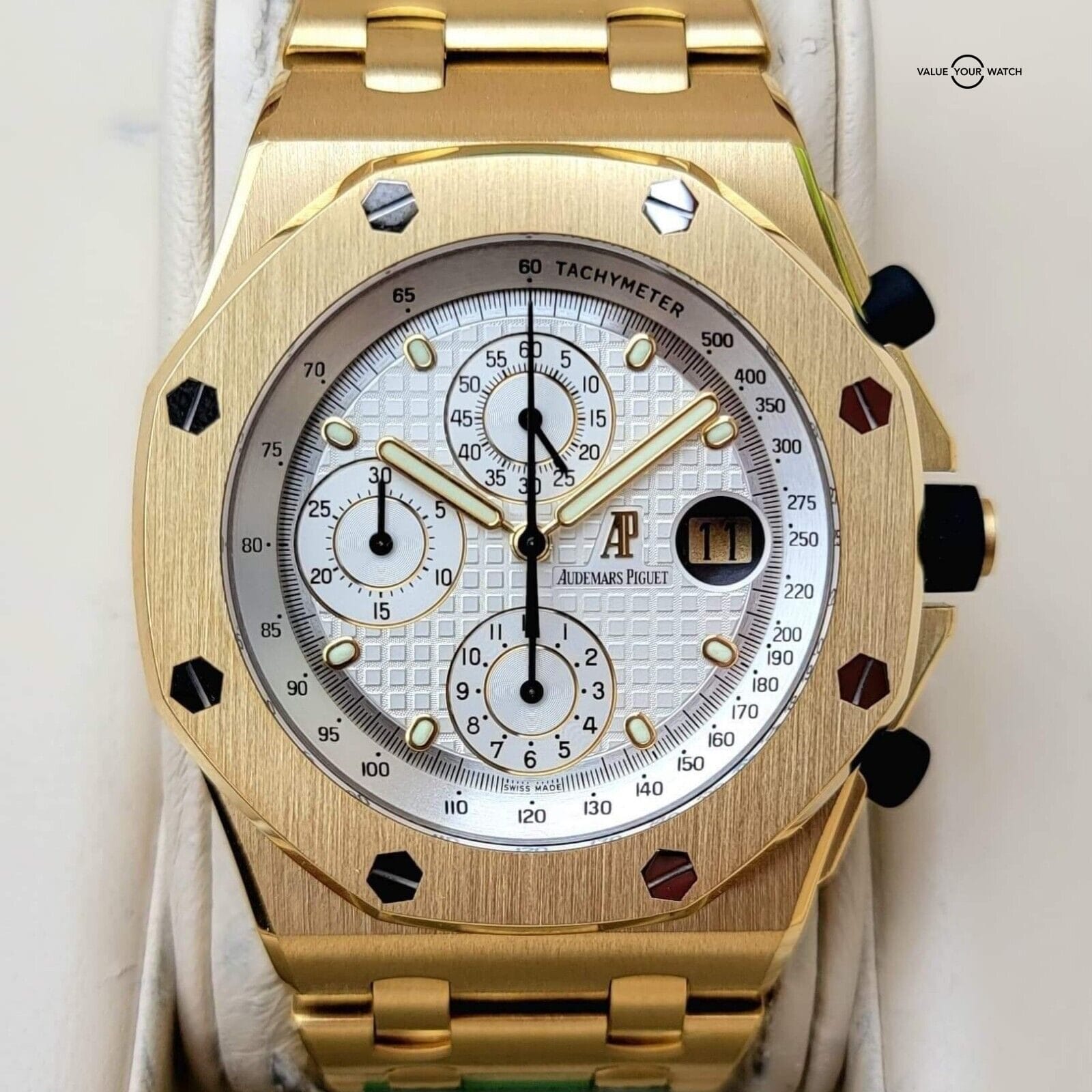 Audemars Piguet Royal Oak Offshore Yellow Gold Brick! Rare white dial, Warranty!
