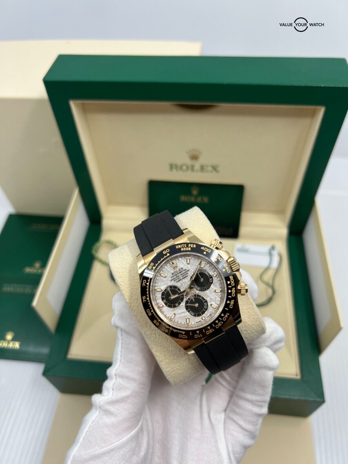 New 2023 White Tag Rolex Daytona Yellow Gold Meteorite Dial Oysterflex 116518LN