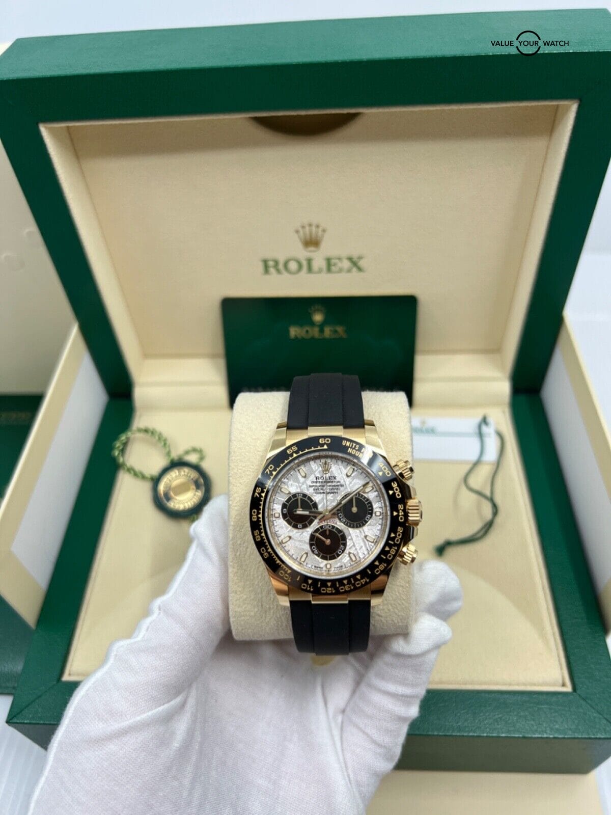 New 2023 White Tag Rolex Daytona Yellow Gold Meteorite Dial Oysterflex 116518LN - Image 10