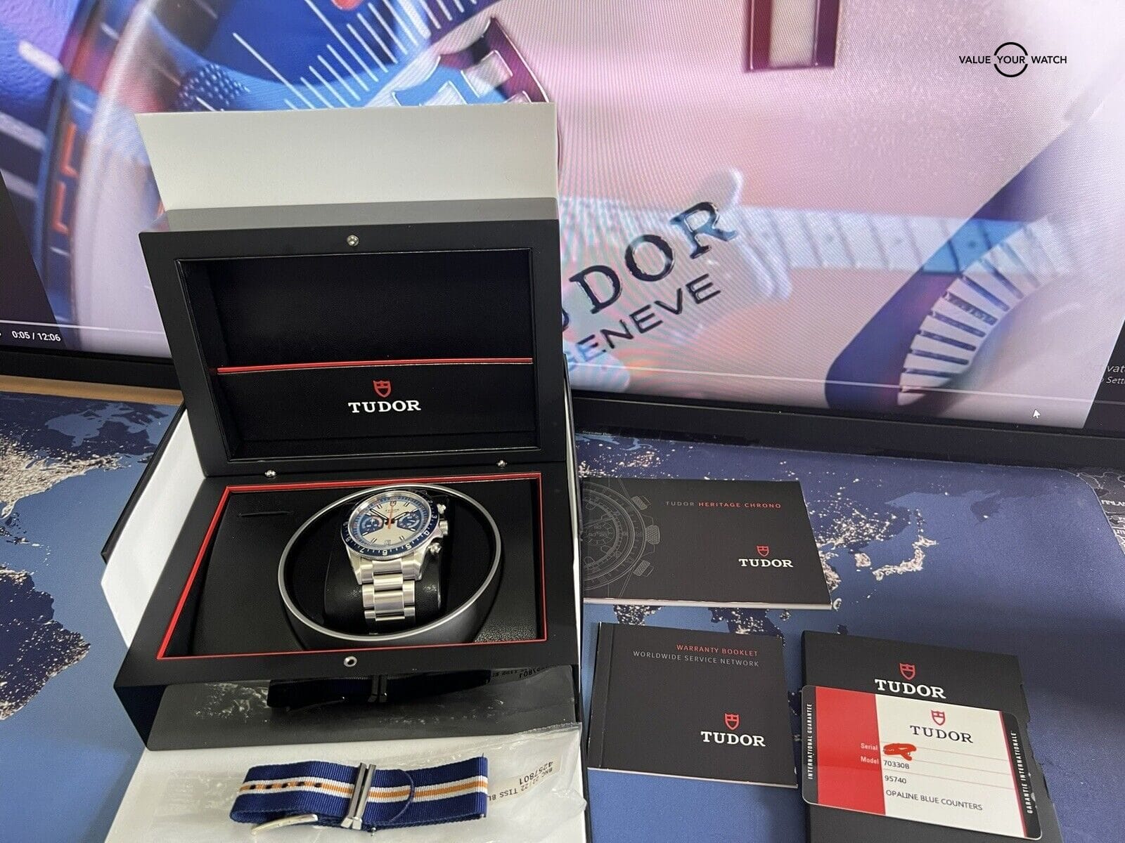 Tudor Heritage Chronograph Blue and Orange 42mm Complete Set with nato strap! - Image 5