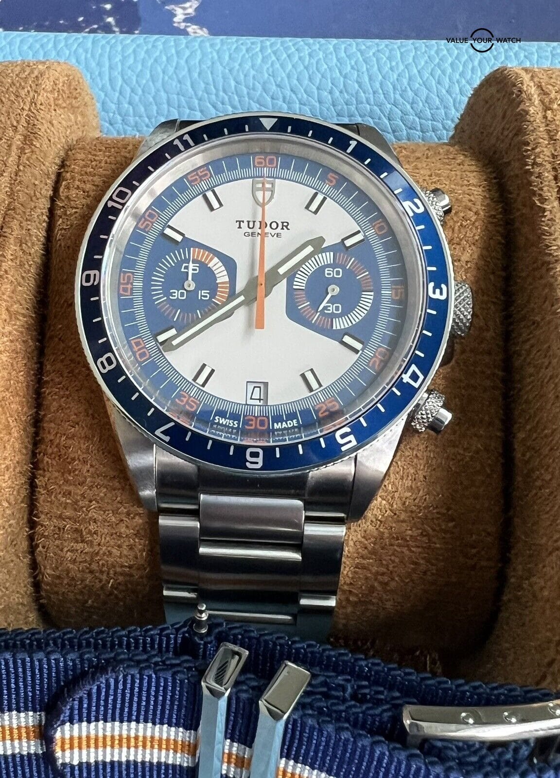 Tudor Heritage Chronograph Blue and Orange 42mm Complete Set with nato strap!