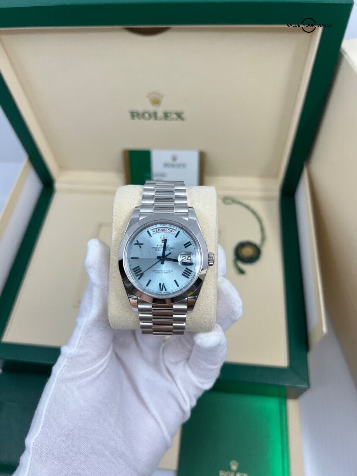 Mint Unpolished Rolex DayDate President 40mm Platinum Blue Quadrant Roman 228206 - Image 3