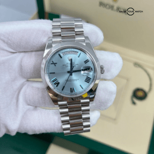 Mint Unpolished Rolex DayDate President 40mm Platinum Blue Quadrant Roman 228206