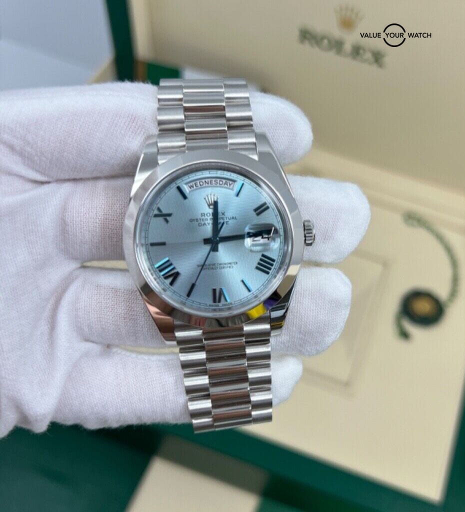 Mint Unpolished Rolex DayDate President 40mm Platinum Blue Quadrant Roman 228206