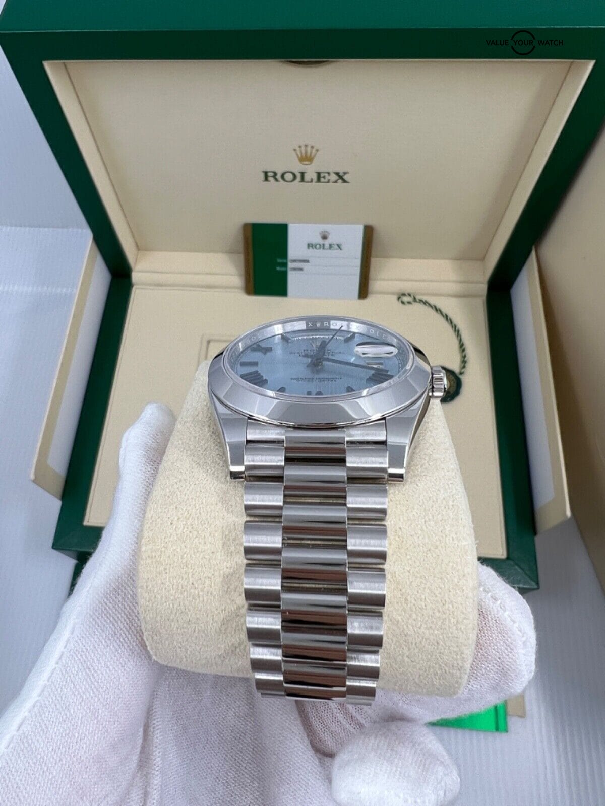 Mint Unpolished Rolex DayDate President 40mm Platinum Blue Quadrant Roman 228206 - Image 10