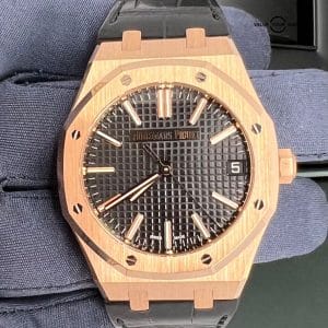 2023 New Audemars Piguet Royal Oak 18k Rose Gold Black Dial Leather Chronograph