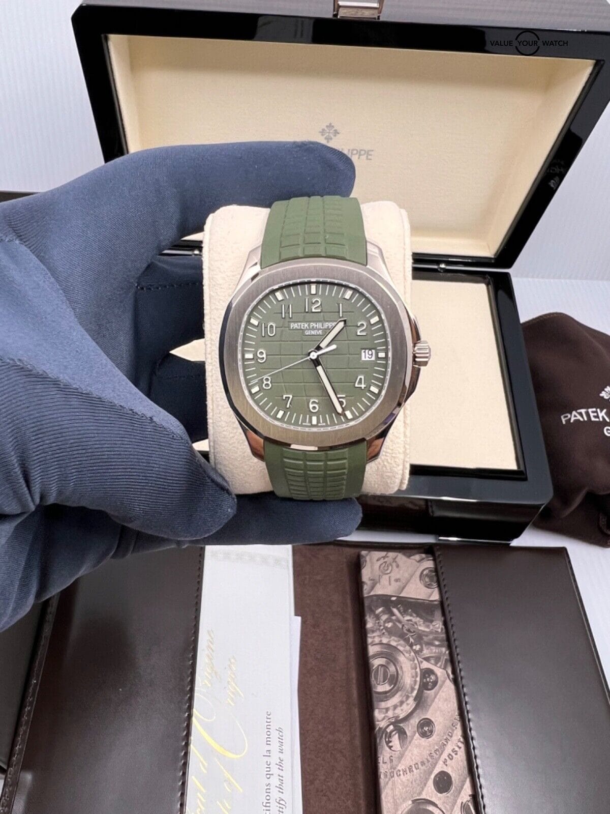 NEW 2021 Complete Patek Philippe Aquanaut White Gold 42mm 5168G Khaki Green Dial