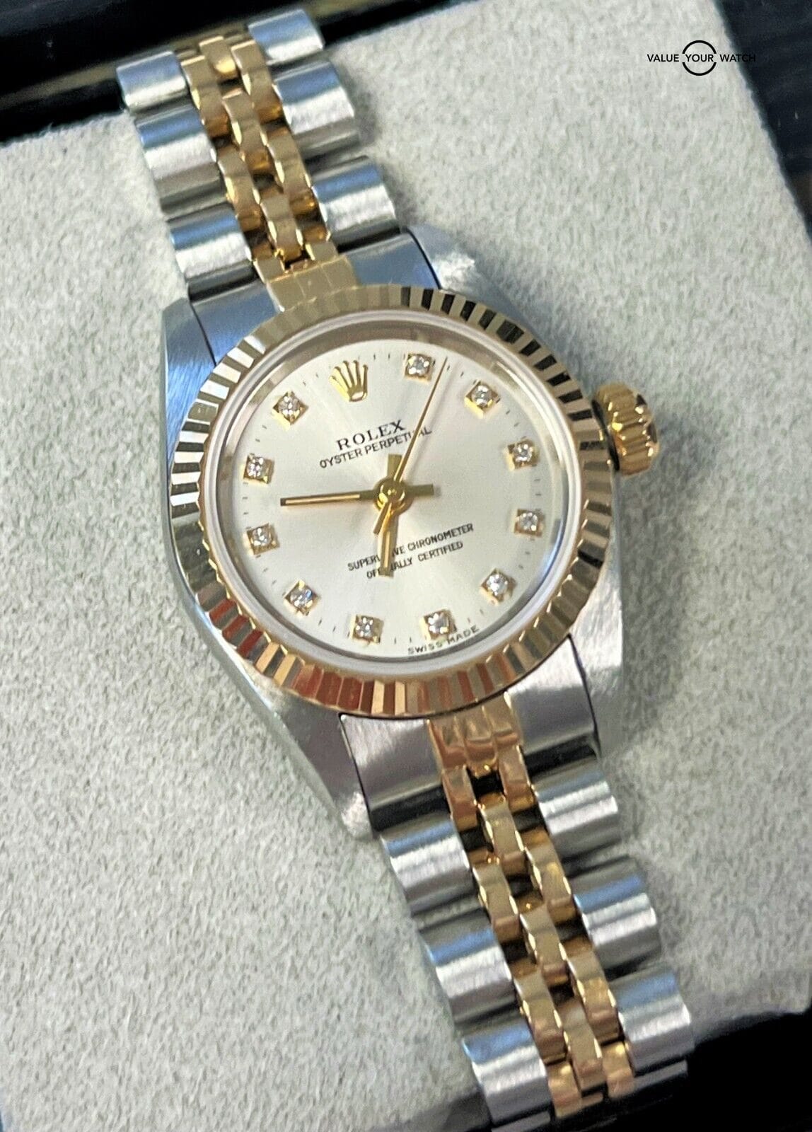 Rolex Oyster Perpetual 67193 Silver Diamond Dial 18K Yellow Gold & SS! - Image 2