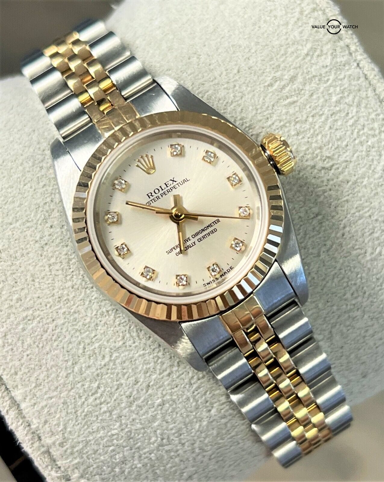 Rolex Oyster Perpetual 67193 Silver Diamond Dial 18K Yellow Gold & SS! - Image 3