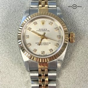 Rolex Oyster Perpetual 67193 Silver Diamond Dial 18K Yellow Gold & SS!