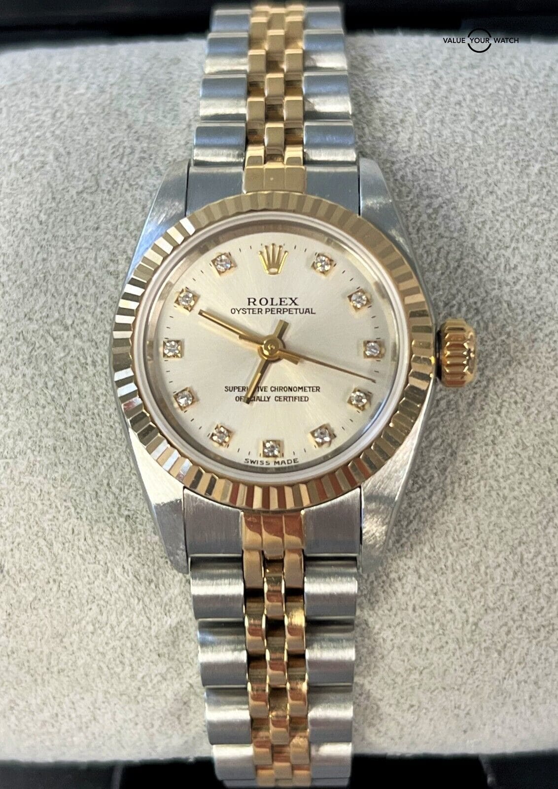 Rolex Oyster Perpetual 67193 Silver Diamond Dial 18K Yellow Gold & SS!
