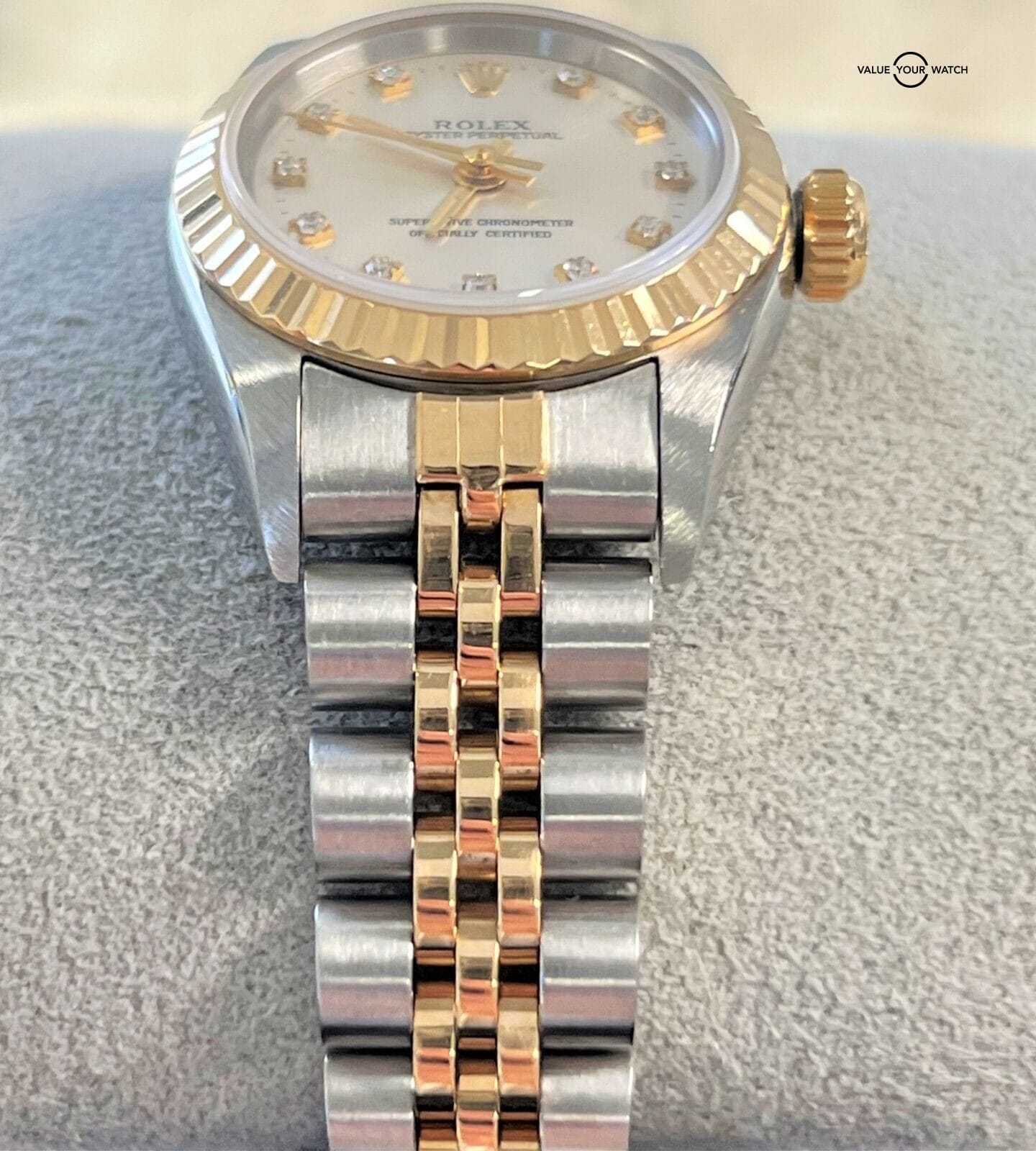 Rolex Oyster Perpetual 67193 Silver Diamond Dial 18K Yellow Gold & SS! - Image 8