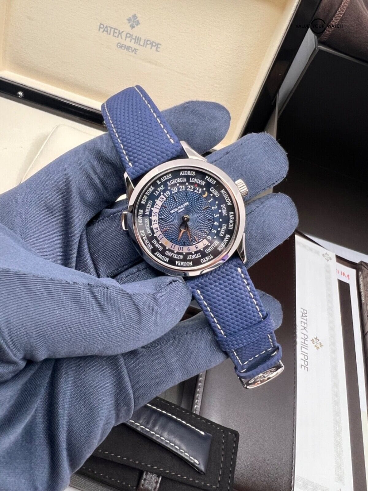 Authenticity Guarantee2022 New 3 Straps Patek Philippe Complications World Time Platinum Blue 5230P