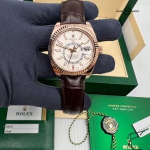 2019 MINT Complete Set White Stick Dial Rolex Sky Dweller Rose Gold 326135 42MM