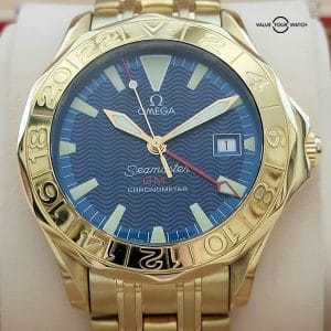 Omega Seamaster GOLD 300M GMT Blue Dial with Extra Strap Gold Buckle Box & Papers