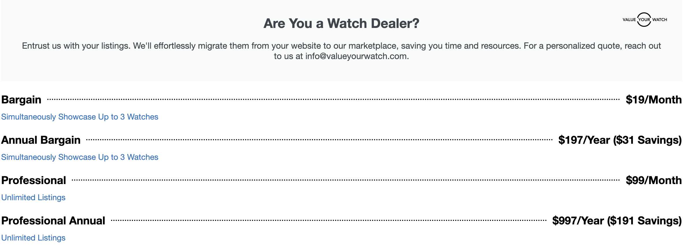 Value Your Watch Marketplace comparison.