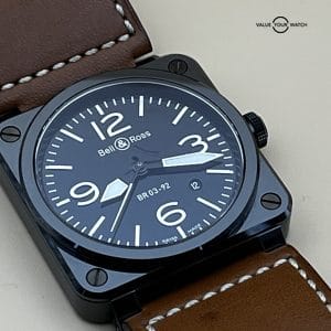 Extremely Clean BELL &#038; ROSS Aviation BR03-92 Black Ceramic 42mm Brown Leather