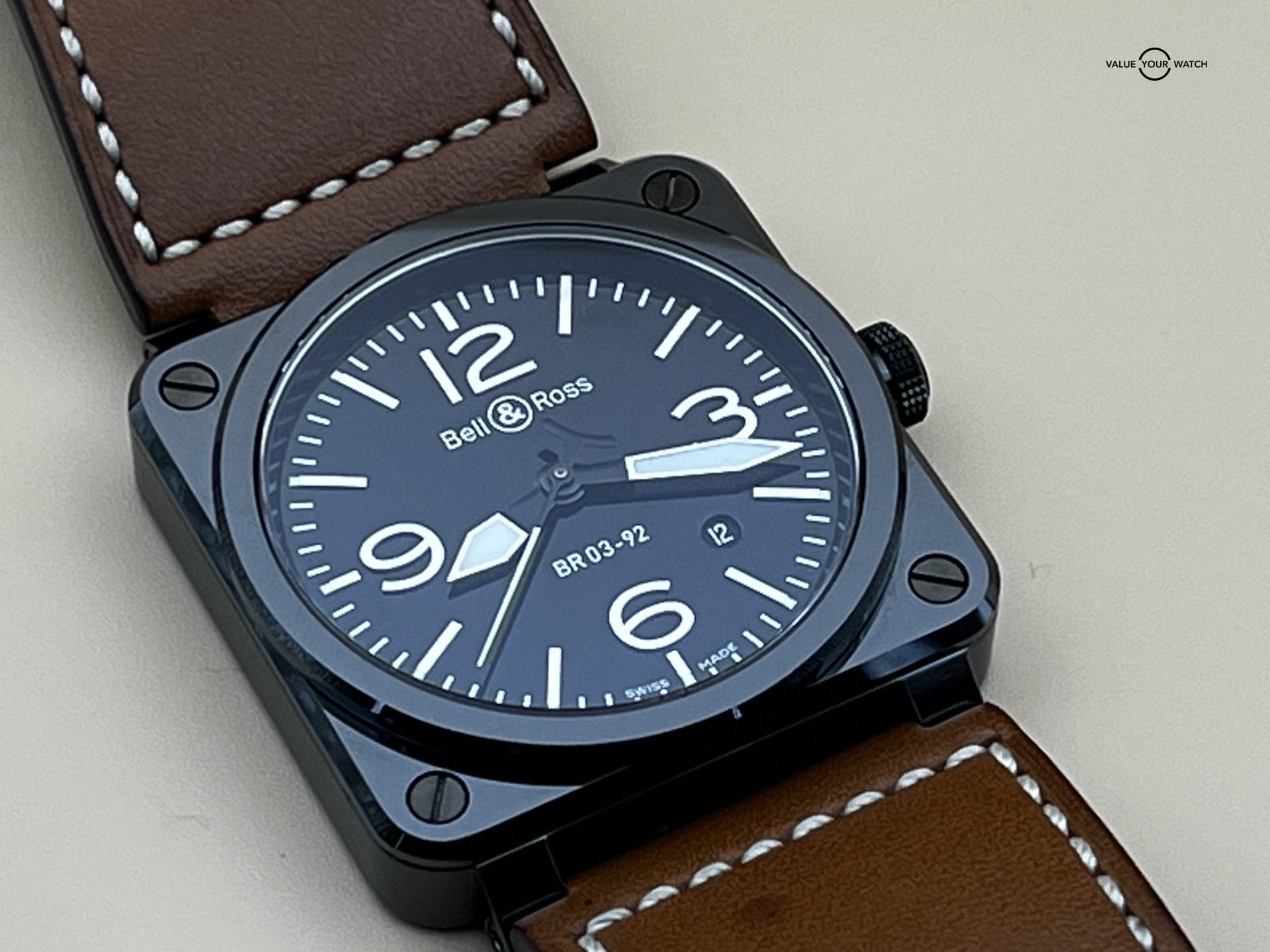 Extremely Clean BELL & ROSS Aviation BR03-92 Black Ceramic 42mm Brown Leather