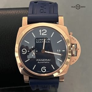 Panerai Luminor Marina Goldtech Sole Blu 44mm 18k Rose Gold Men's Watch PAM01112