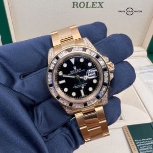 Factory Diamond Black Sapphire Rolex GMT Master II 116758 SANR 18k Yellow Gold