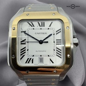 Cartier Santos Large Two Tone Steel & 18K Yellow Gold Automatic White Roman Dial