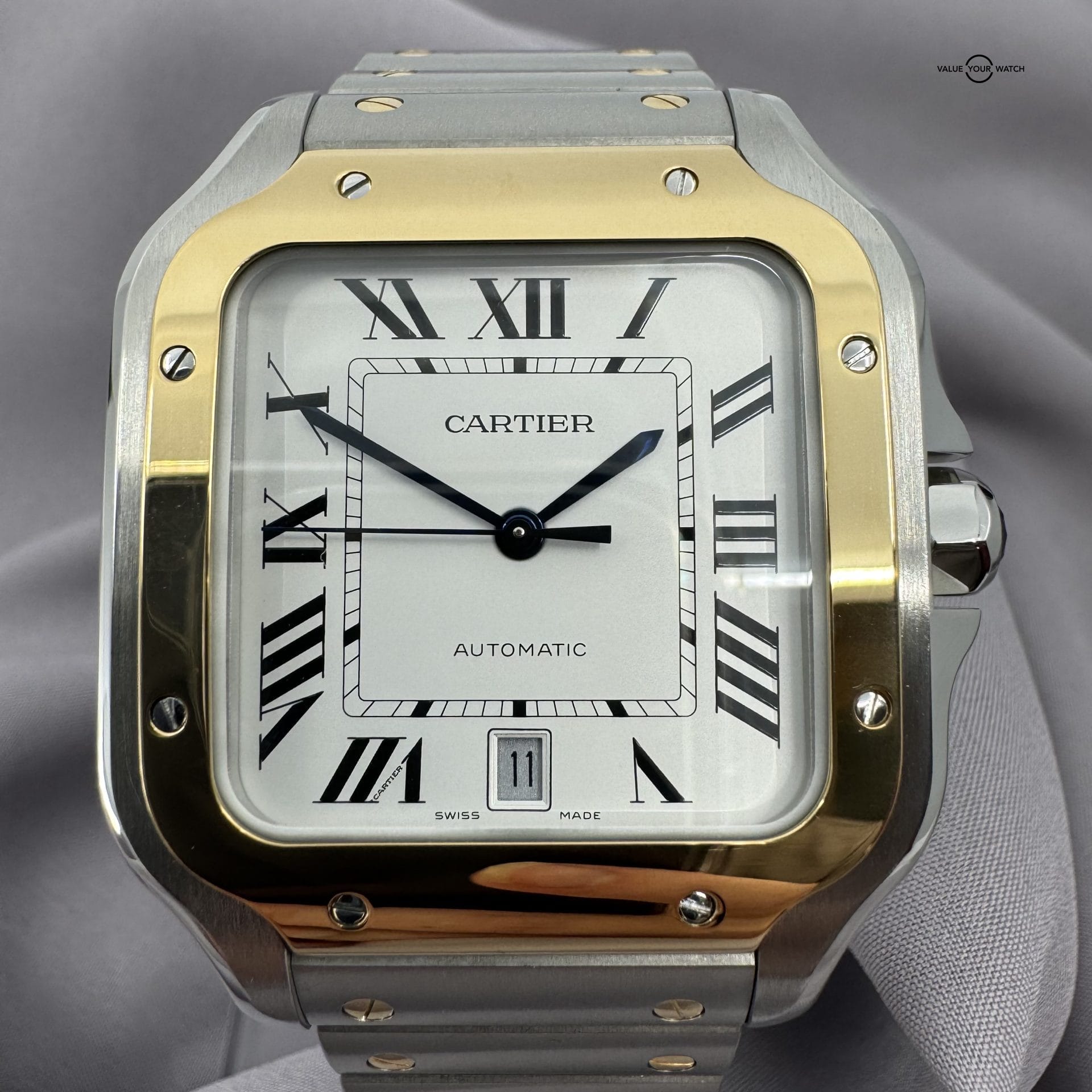 Cartier Santos Large Two Tone Steel & 18K Yellow Gold Automatic White Roman Dial