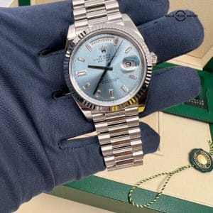 2023 Rolex Day-Date 40 228236 Platinum President Ice Blue Baguette Diamond Dial