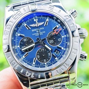 Breitling Chronomat 44 GMT $10K MSRP Blackeye Blue Dial Complete Papers AB0420