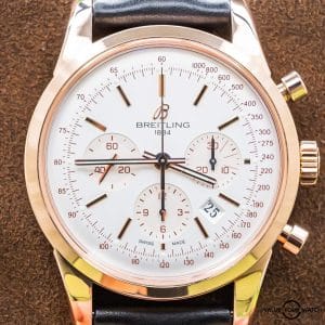 Breitling Transocean Chronograph 43 Rose Gold $20K MSRP Silver Dial Box RB0152