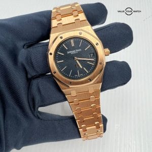 J Serial Mint Audemars Piguet Royal Oak Blue 39mm 18K Rose Gold Watch Only