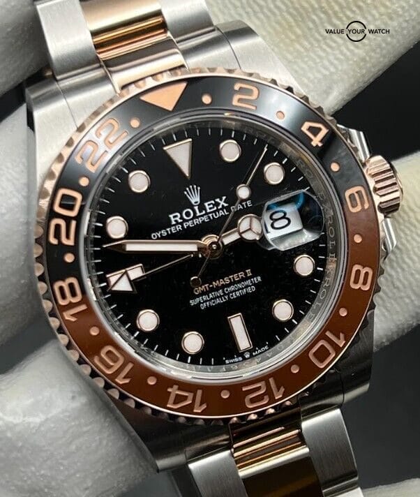 8-2023 Rolex GMT-Master II Two-Tone Root Beer Rose Gold 40mm Watch 126711CHNR