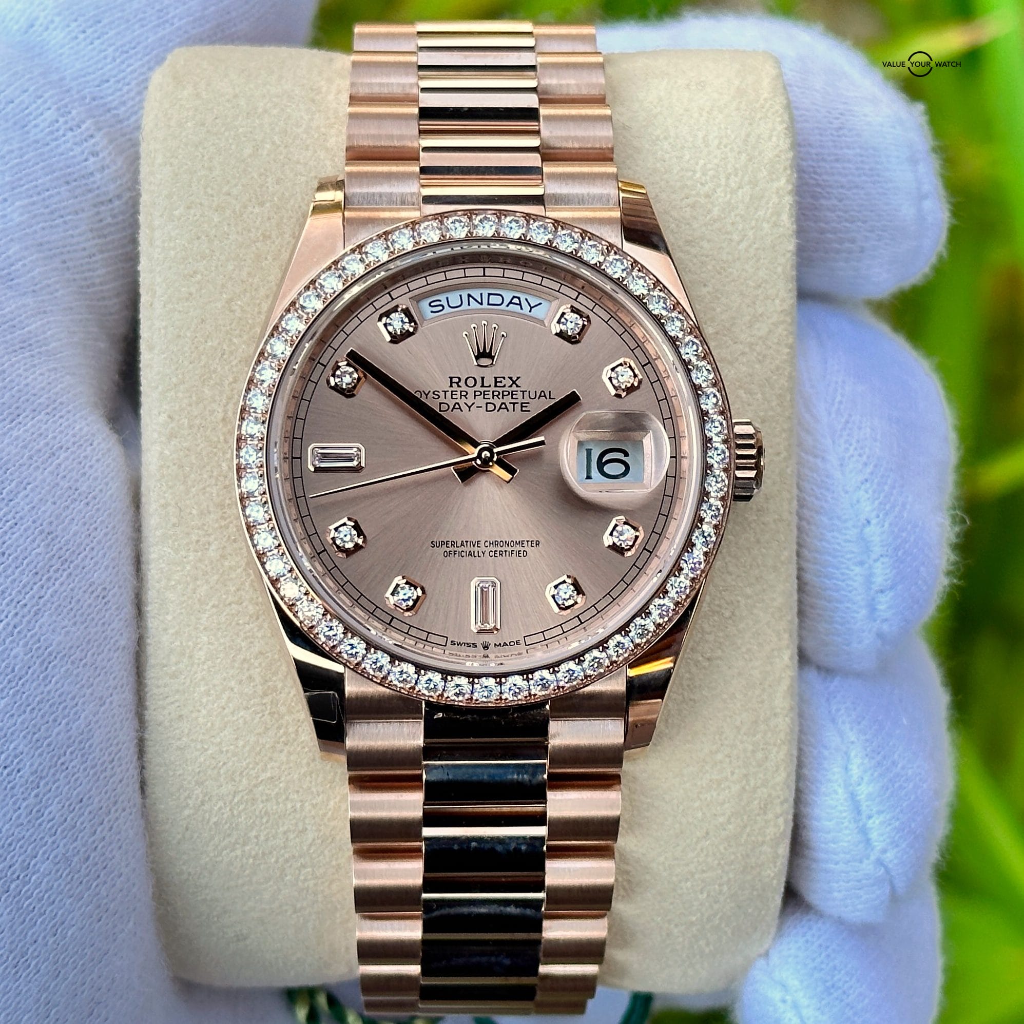UNWORN 2022 Rolex Day-Date 36 18K Everose Gold Pink Rose Gold Diamond Bezel President 128345RBR - Image 7