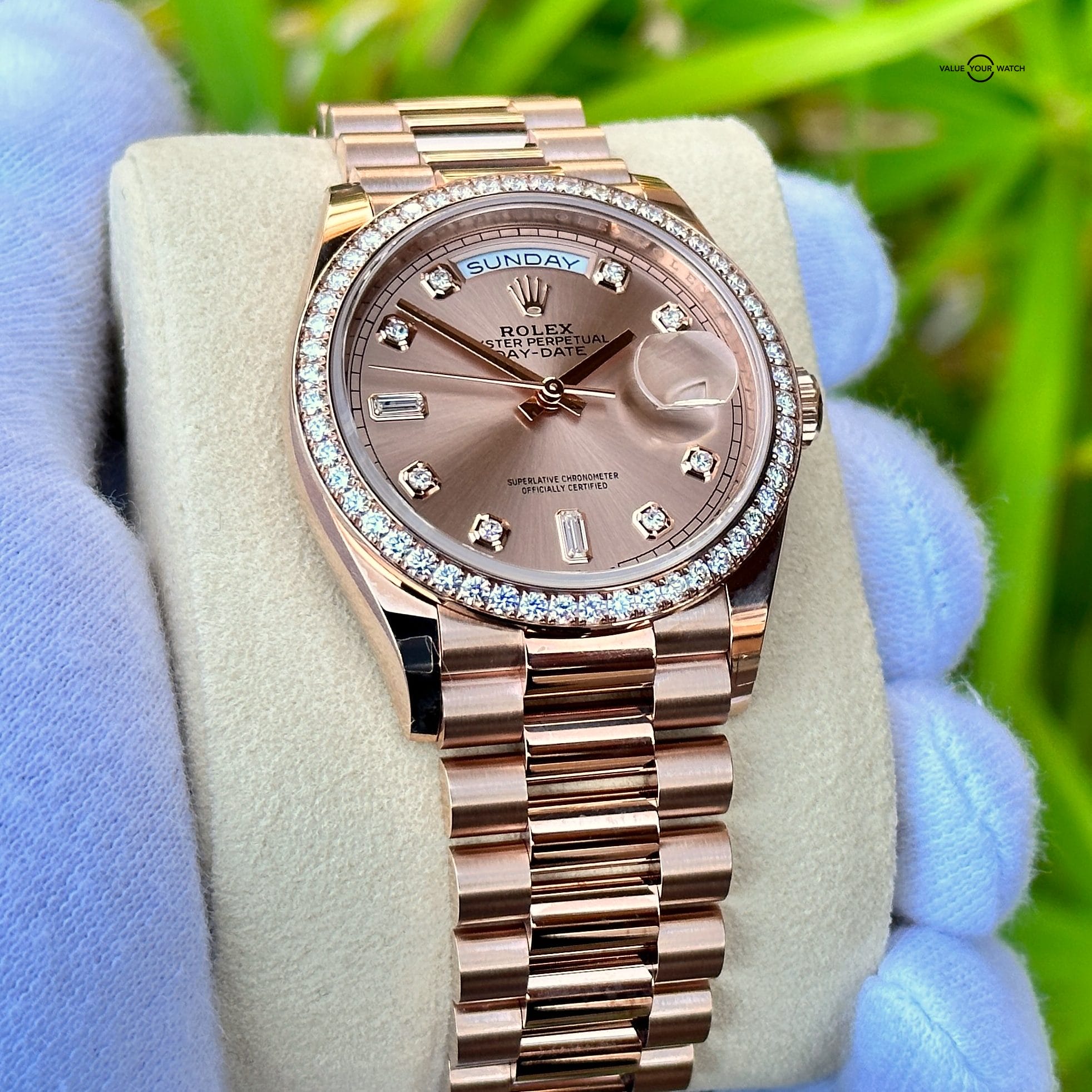 UNWORN 2022 Rolex Day-Date 36 18K Everose Gold Pink Rose Gold Diamond Bezel President 128345RBR - Image 6
