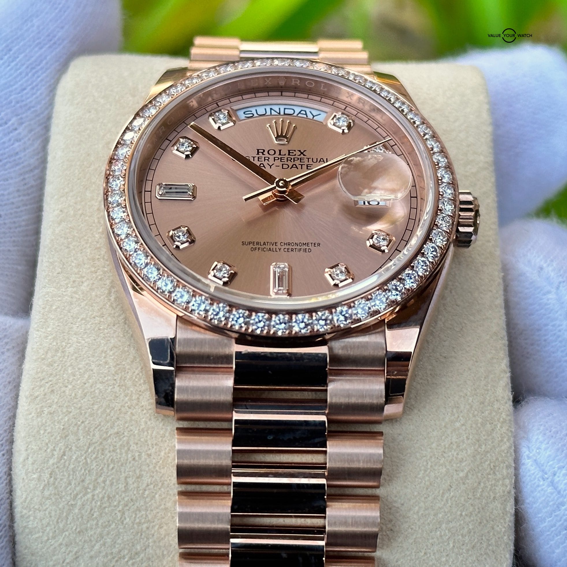 UNWORN 2022 Rolex Day-Date 36 18K Everose Gold Pink Rose Gold Diamond Bezel President 128345RBR - Image 5
