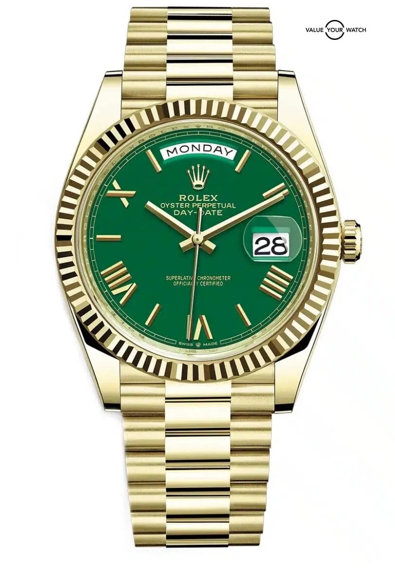 2023+ Unworn Rolex Day-Date 40 Green Roman Dial Yellow Gold Bracelet 228238