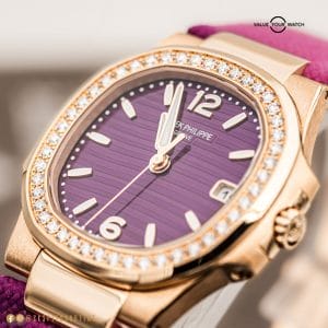 NEW/Unworn 2023 Patek Philippe Nautilus Ladies 7010R-013 Rose Gold Diamond Bezel Purple Violet Dial, 32mm