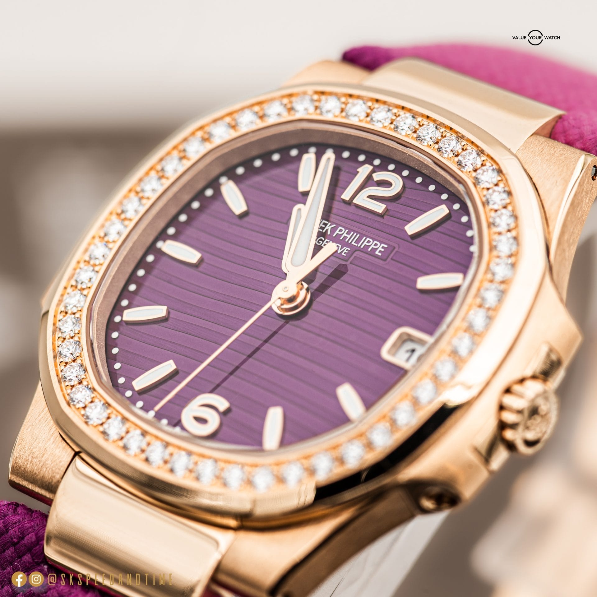 NEW Patek Philippe Nautilus Ladies 7010R-013 Rose Gold Diamond Bezel Violet