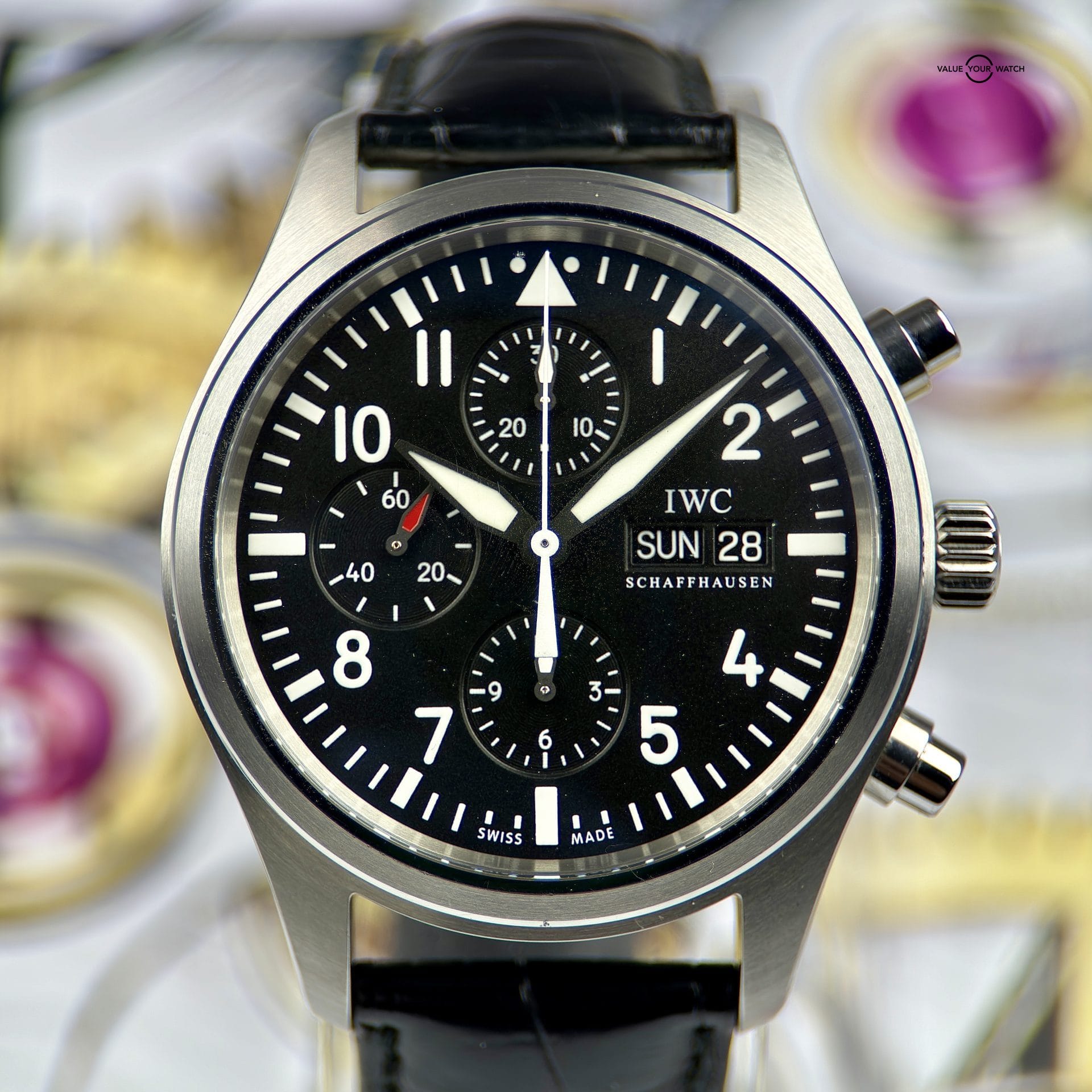 IWC Pilot Chronograph 42mm Day Date Crocodile Strap Box Paper