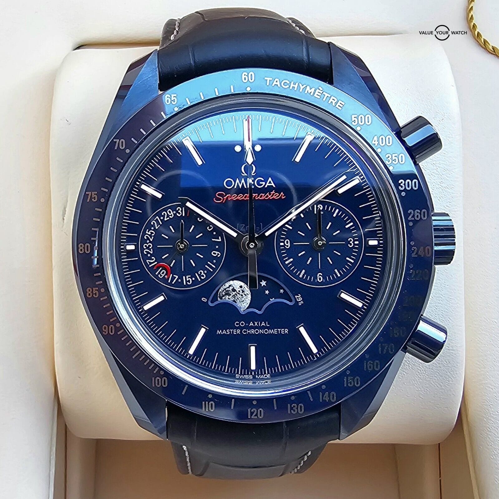 OMEGA Speedmaster Moonphase Blue Side Of The Moon Ceramic Full Set 2018 MINT Value Your Watch