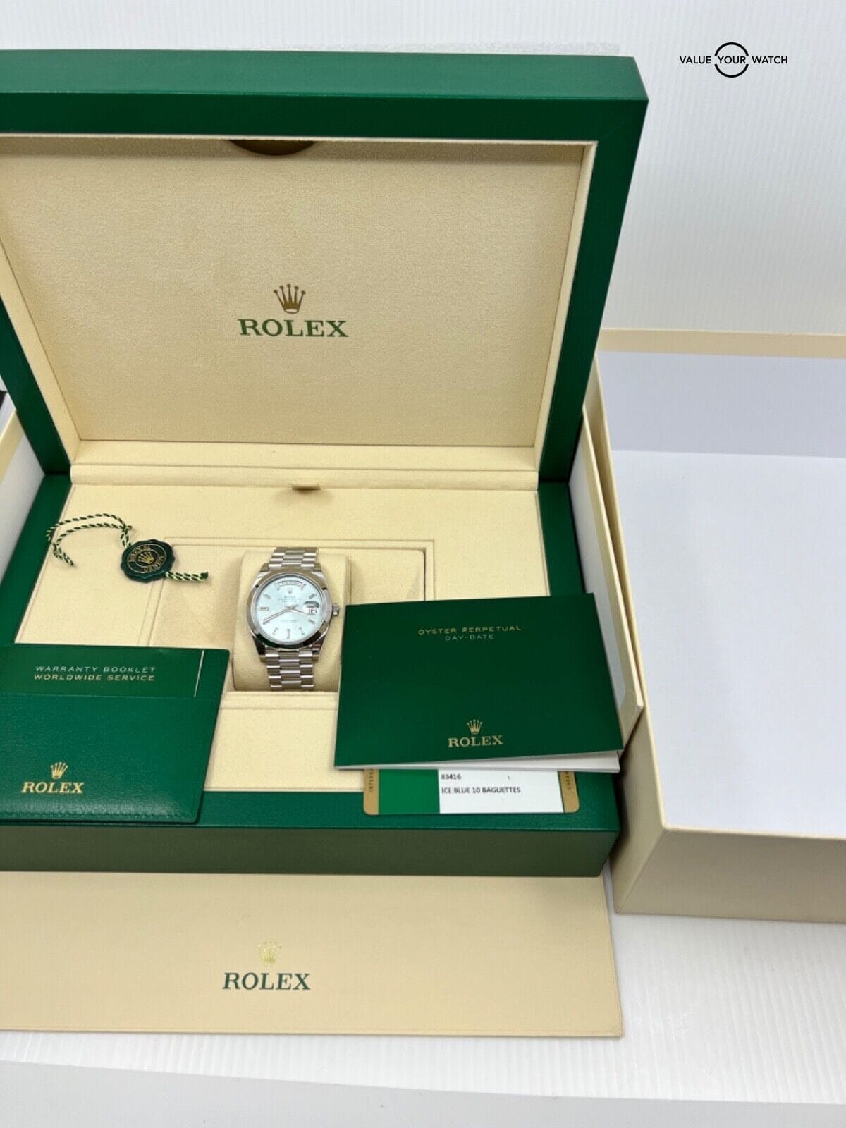 2019 MINT Papers Rolex President Day-Date 40mm Ice Blue Baguette Diamond Dial - Image 3