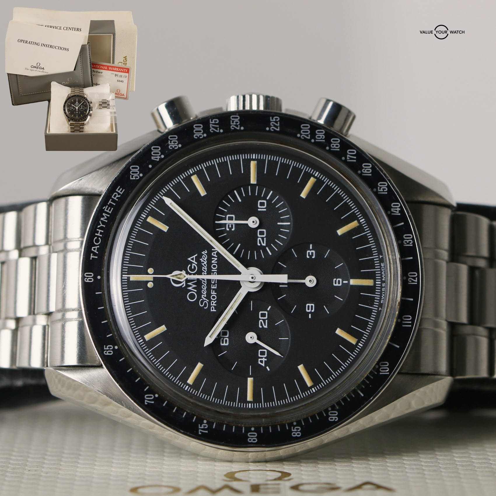 Own a piece of history with the Omega Speedmaster Professional 3590.50 Moonwatch, 1997, SN33, with box & papers, now on Value Your Watch.