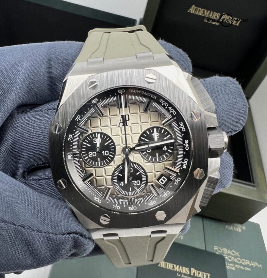 2022 Mint Box Papers Smoke Taupe Dial 43mm Ceramic Steel Royal Oak Offshore Chro - Image 9