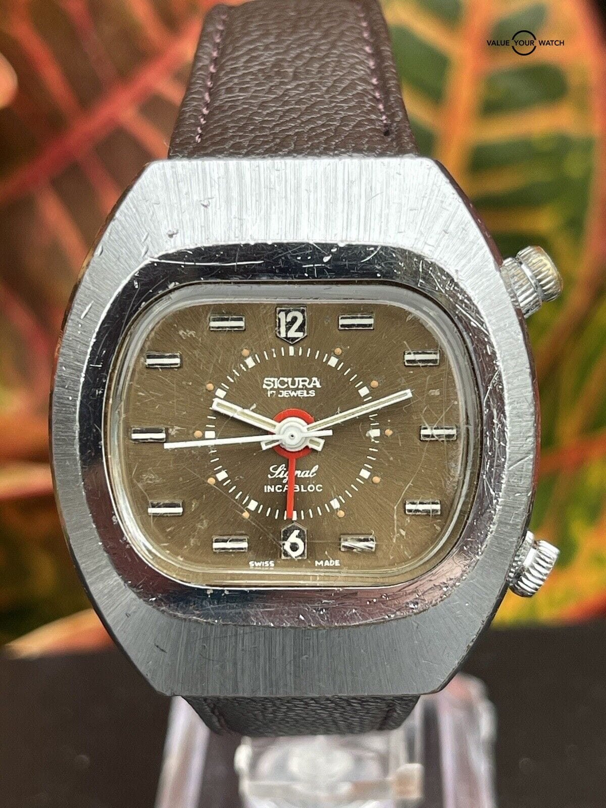 Vintage Sicura Signal Mechanical Alarm Watch Rare Brown Dial Runs Estate Sale
