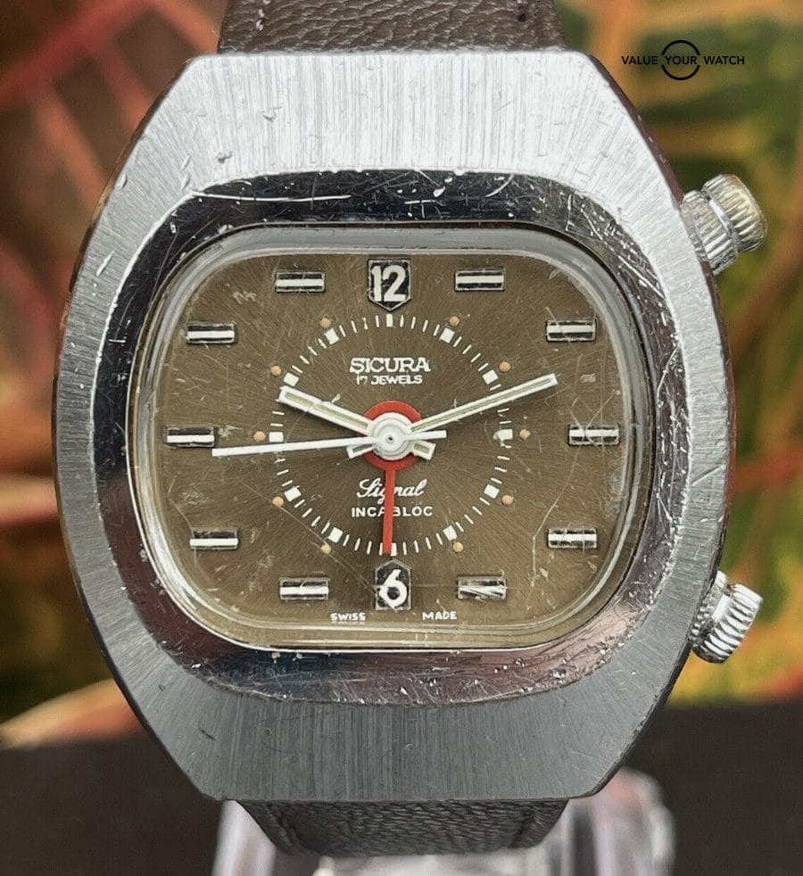 Vintage Sicura Signal Mechanical Alarm Watch Rare Brown Dial Runs Estate Sale - Image 4