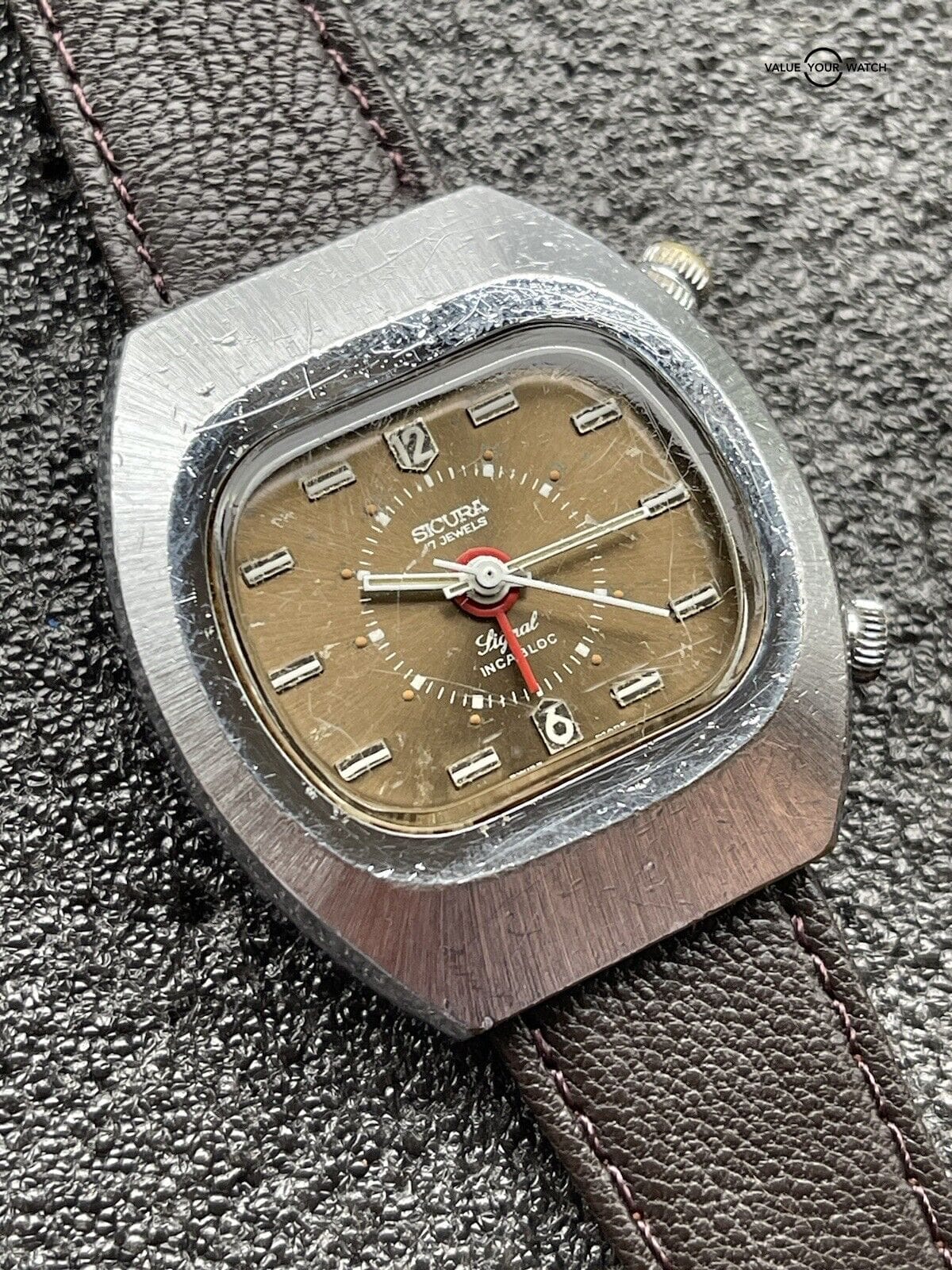 Vintage Sicura Signal Mechanical Alarm Watch Rare Brown Dial Runs Estate Sale - Image 5