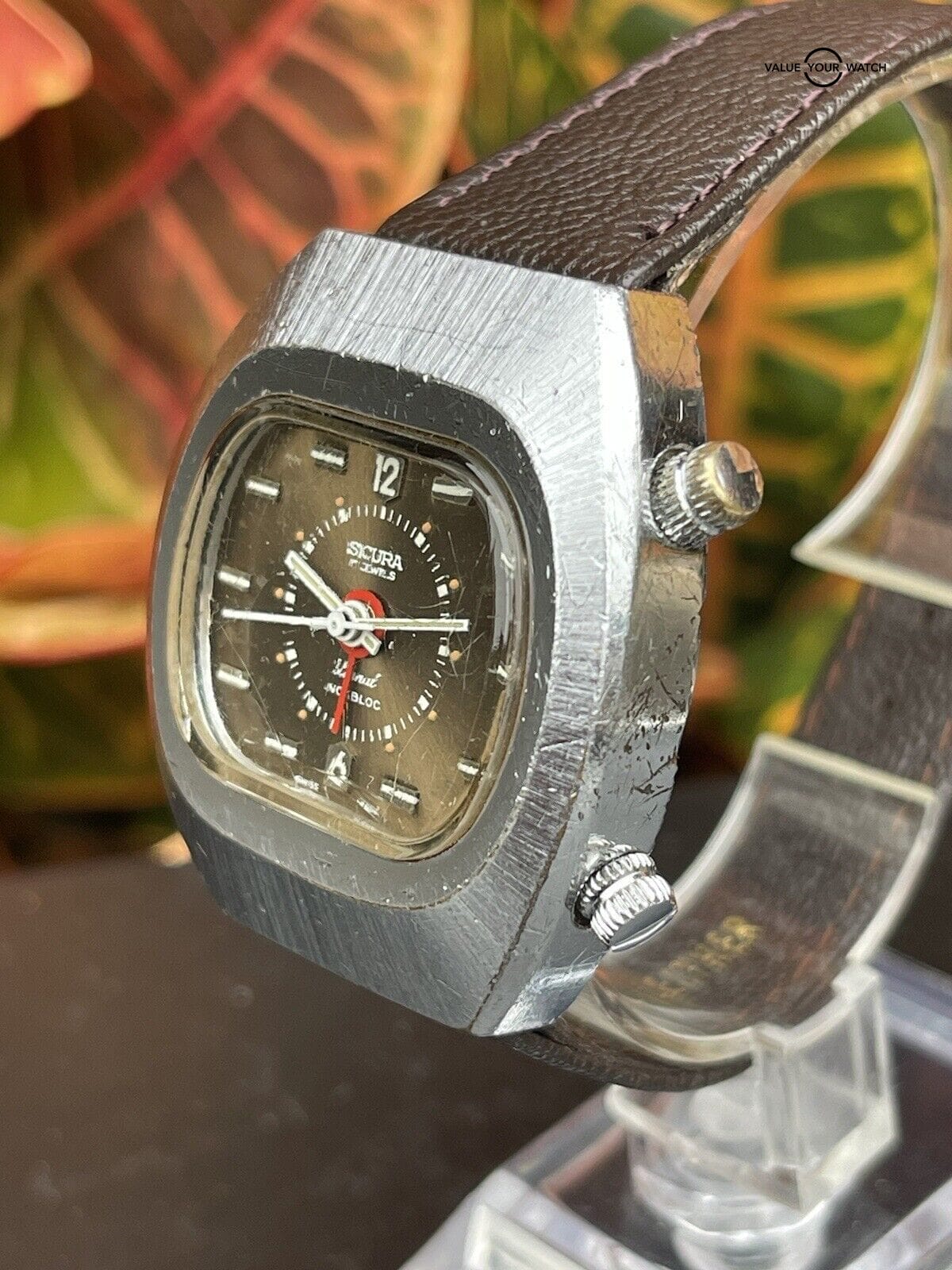 Vintage Sicura Signal Mechanical Alarm Watch Rare Brown Dial Runs Estate Sale - Image 12